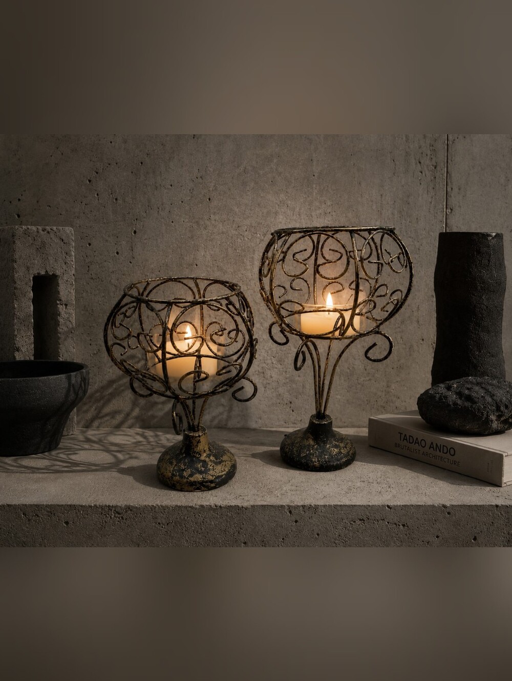 Vintage Hand Forged Hammered Wrought Iron Brutalist Candle Holders, Set of 2